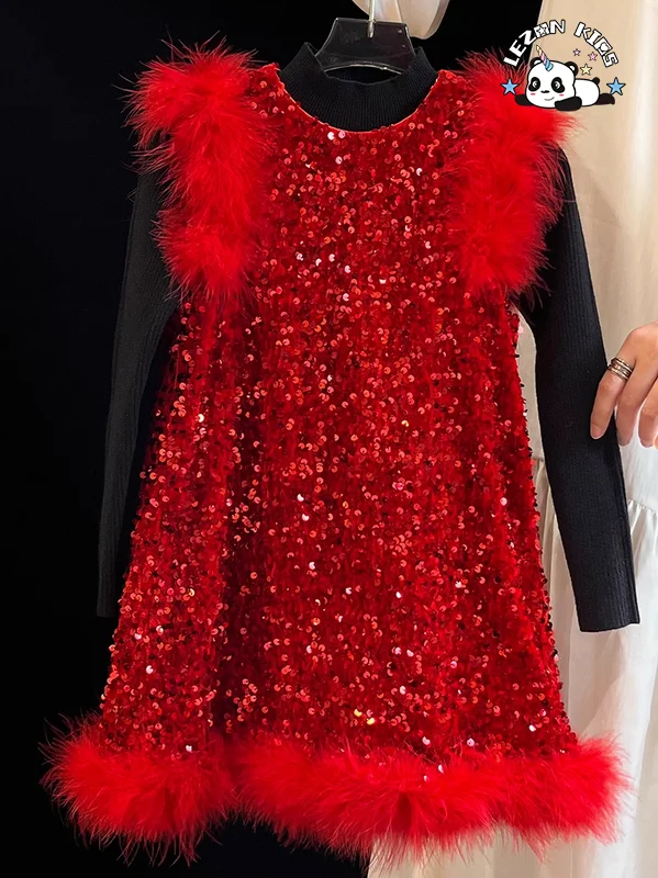 LEZONKIDS - Hot Sales Velvet Autumn Girls Vest Dress Sequin Print Feather Decoration Princess Girls Dress